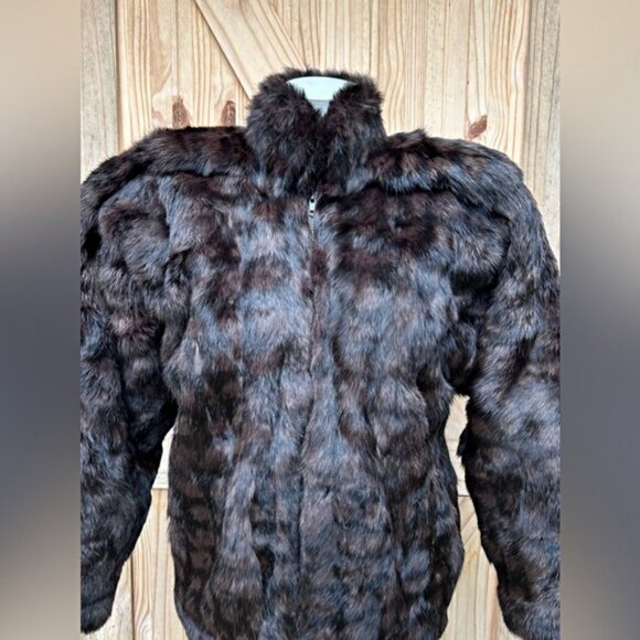 Vintage Retro 80s Greg Bell Mid Length Brown Zip Rabbit Fur Coat~M~ - Picture 2 of 9